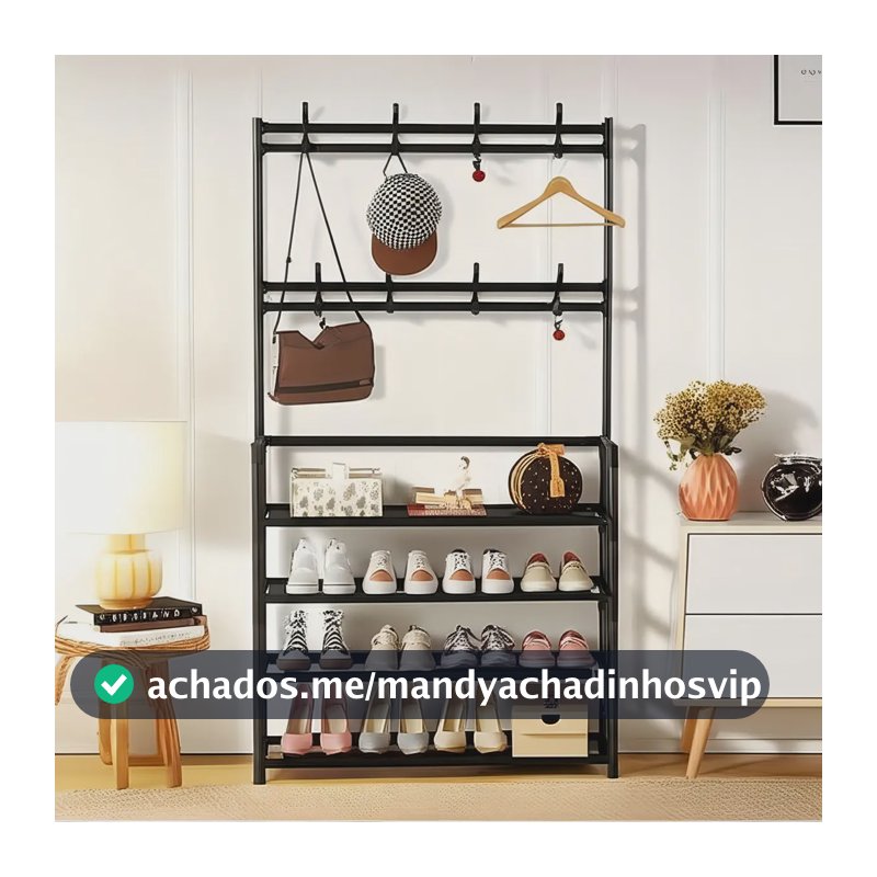 Sapateira Organizador de Metal 12 Pares Indue Preto com Cabideiro 4 Prateleiras