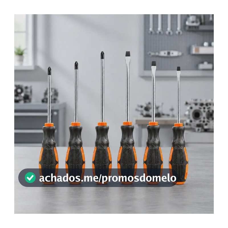 Kit Jogo Chaves Fenda Phillips 6 Peças Imantadas Cabo Emborrachado Aço Profissional Oficina Manutenção Mecânica Reparos Ferramentas