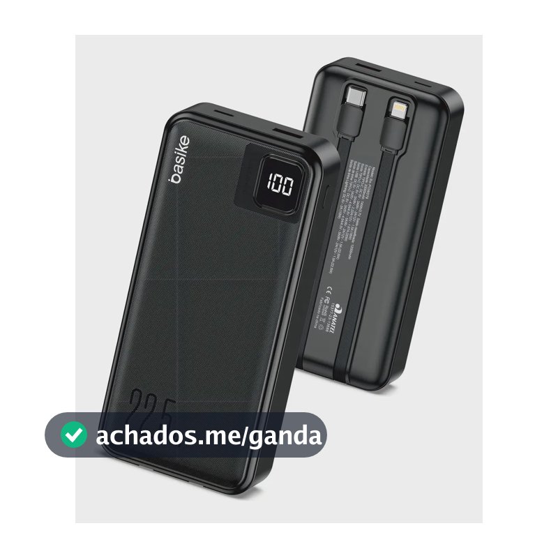 Power Bank Basike 20000mAh Preto, Carga Rápida 22.5W para iPhone e Samsung, Com Cabos Embutidos e Display