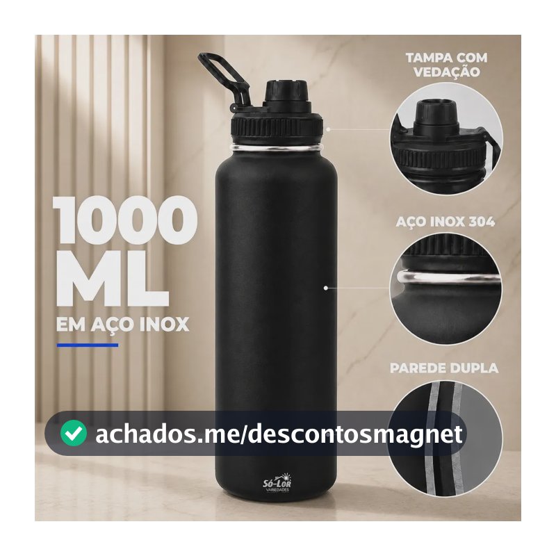 1000ml Garrafa Térmica Isolada A Vácuo Squeeze Aço Inox 304 para Água Gelada Esporte Academia com Alça e Bico Preto Sólar