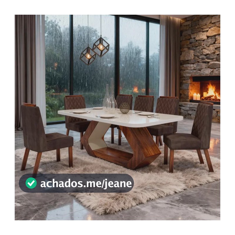 Sala De Jantar 160x80 Lottus Mdf/vidro 6 Cadeiras Bom Pastor Base Amêndoa Cadeiras Marrom Capitonê