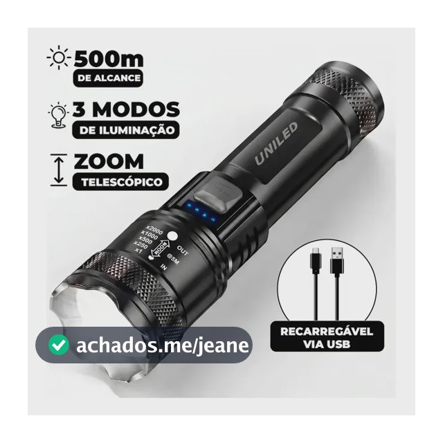 Lanterna Militar Tatica LED Mais Forte do Mundo 1000m Potente Zoom Telescópico Alto Brilho Resistente Agua Sitio Fazenda UNILED
