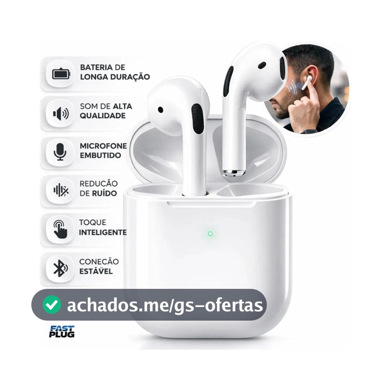 Fone De Ouvido Bluetooth Bateria de Longa Duração Pro 4 Branco Conecta Rápido Fast Plug Com Case Carregador E Microfone