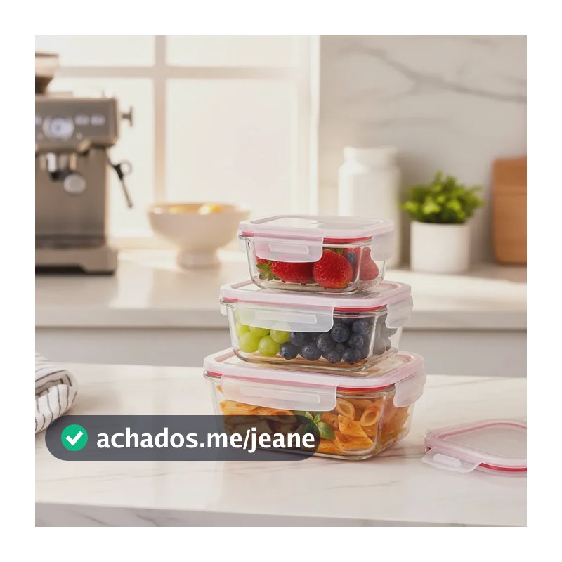 Kit 3 Potes Herméticos De Vidro Quadrado 390 520 800ml Vidro
