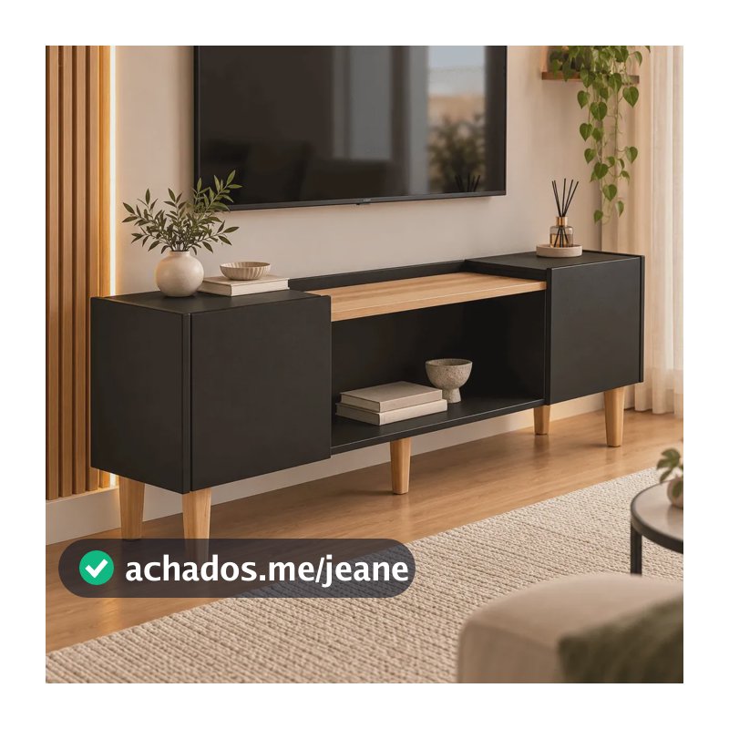 Rack Para Tv 50" Polagodas De 130cm Com 3 Portas Pés Nicho Multiuso Sala Preto Amadeirado Moderno