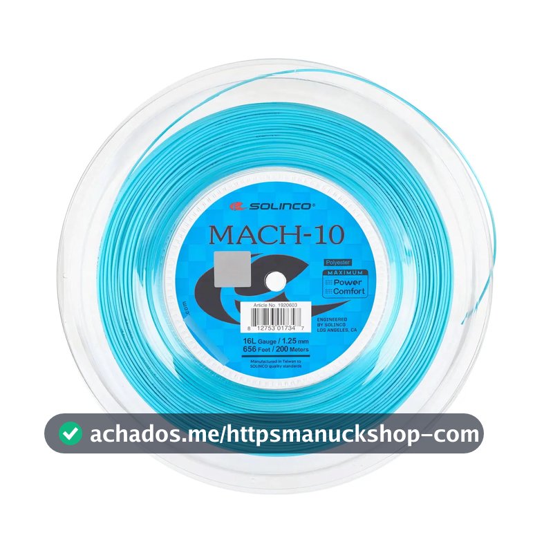 Rolo De Corda De Raquete Solinco Mach-10 16l 20 1.25 Mm Azul-celeste