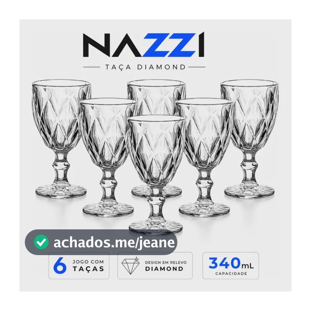 Jogo Kit 6 Taças De Vidro 340ml Diamond Luxo Moderno Transparente