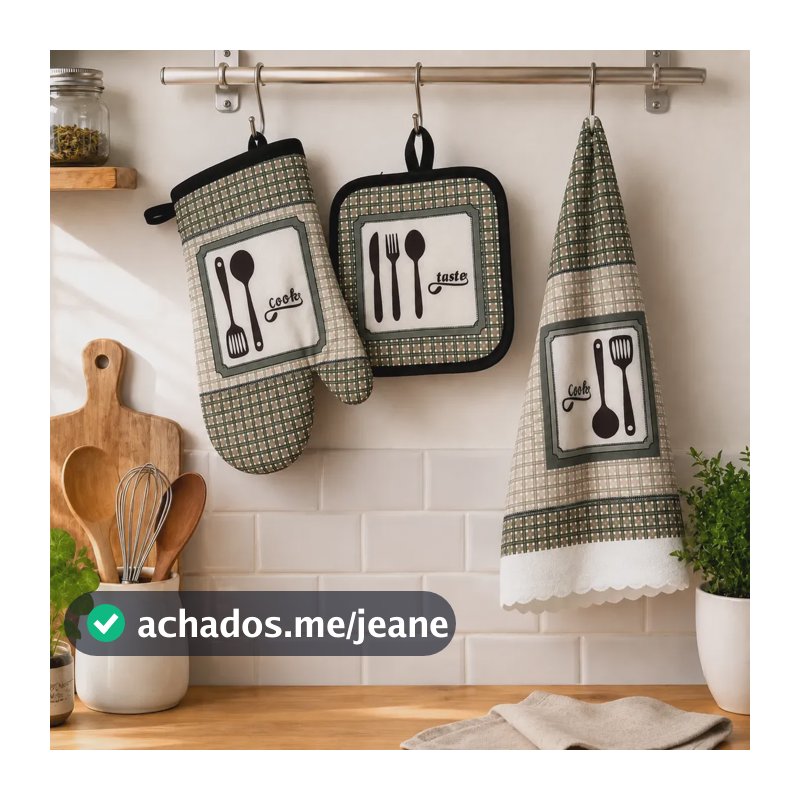 Kit Cozinha 3 Peças Pano De Prato Luva Descanso De Panela Verde
