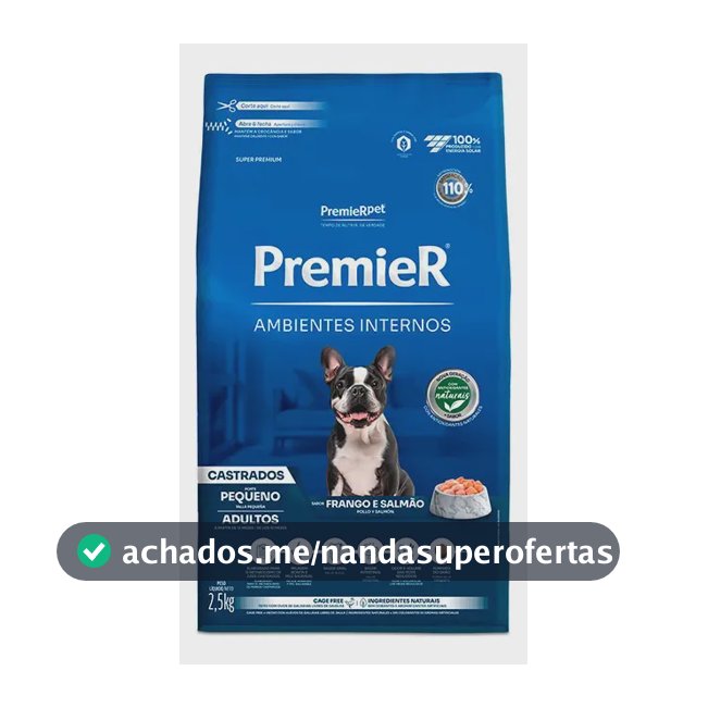 Premier Ambientes Internos Cães Adultos Porte Pequeno Castrados 2,5kg