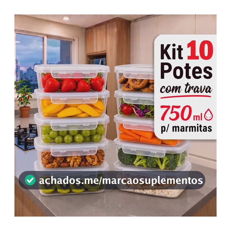 Kit 10 Potes Marmita 750ml Com Tampa Trava Transparente Bpa Água