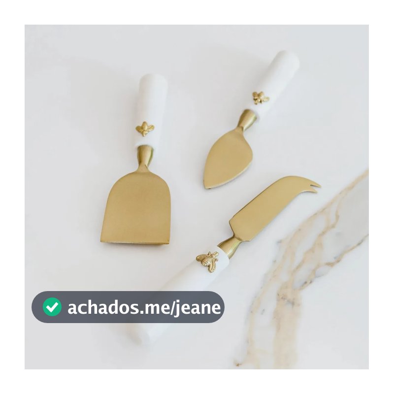 Conjunto De 3 Facas Para Queijo Cabo Mármore Laguiole Bee Branco E Dourado