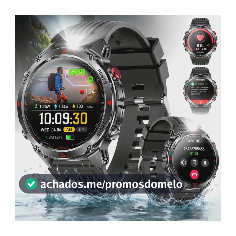 Relógio Inteligente Smartwatch GPS Autônomo À prova d'água 3ATM NOVANTE Masculino Feminino Esportivo Digital 530mAh Preto Bluetooth Chamadas Notificações Instantâneas Android IOS Com Lanterna Bússola