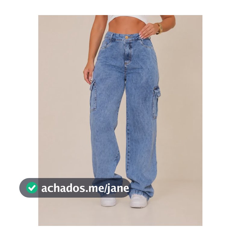Calça Jeans Feminina Wide Leg Cintura Alta Cargo Pantalona