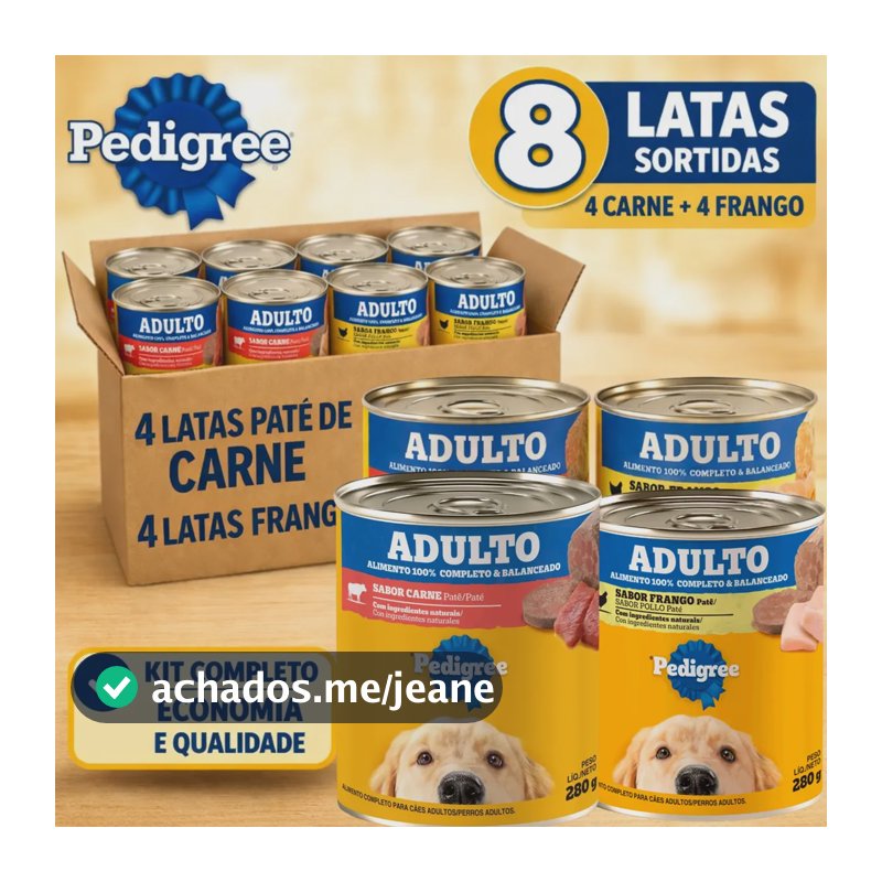 Pedigree Ração Sachê Kit 8 Lata Cães Sabor Patê Carne Frango