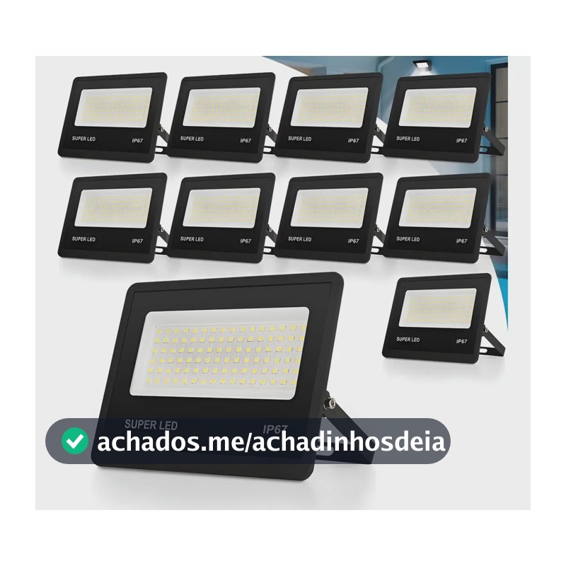 Kit 10 Refletor Led 300w Holofote Bivolt Ip67 Externas 6500k 127/220v Preto Branco-frio