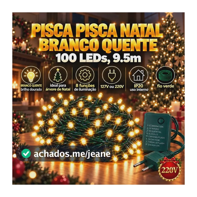 Cordão de Luzes Natalinas 100 LED Branco Quente 9.5m para Árvore e Interior