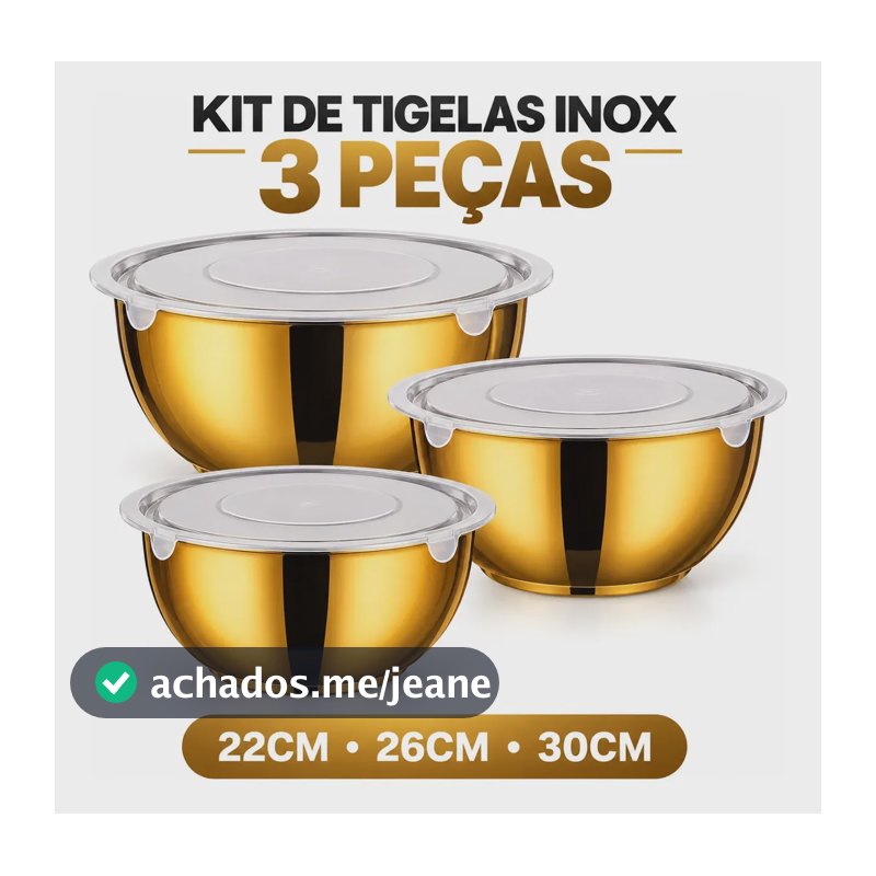 Kit 3 Bowls Tigelas De Aço Inox Com Tampa 4.2l,6.9l E 10.6l Dourado