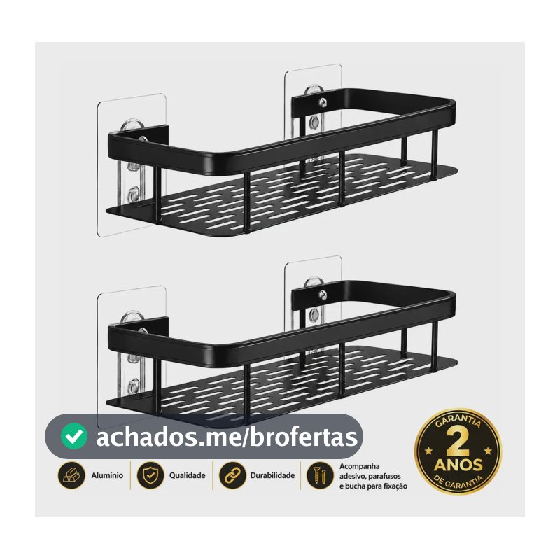 Kit 2 Suporte Porta Shampoo Sabonete Banheiro Adesivo Parede Sem Furos Box Luxo Cor Preto Laruno