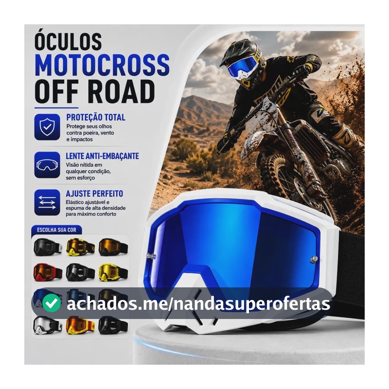 Óculos Motocross Trilha Enduro Off Road Lente Espelhada Silicone Flexível Antiembaçante Proteção UV Entrada de Ar Elástico Ajustável Espuma Capacete Bike Ciclismo Nautilus Ocean - Branco / Azul