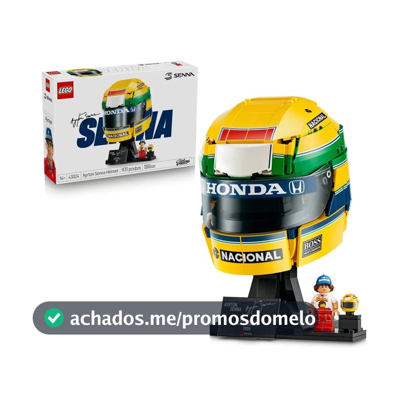 Capacete Ayrton Senna 43024 da LEGO® Editions; conjunto de construção e coleção F1®; ideia de presente para fãs de Fórmula 1; inclui placa de autógrafo e minifigura de Senna; maiores de 14 anos