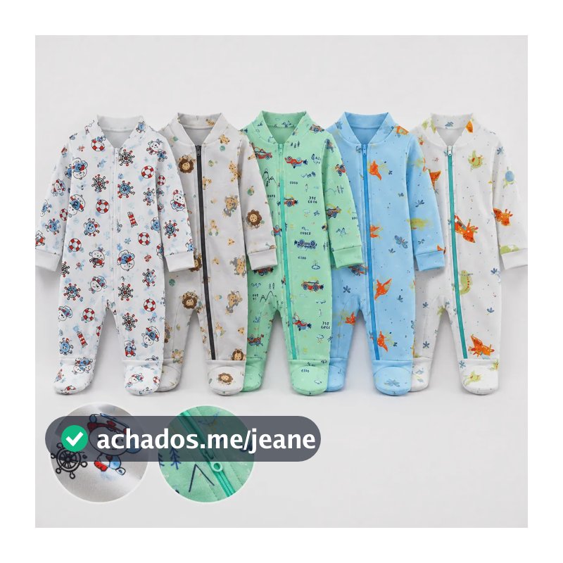 Kit 3 Macacão Bebê Ziper Algodão Enxoval Macio Inverno Menino Estampado P (0-2 Meses)