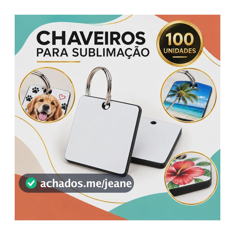 Kit 100 Chaveiros Quadrado Mdf com resina Sublimação Brinde festa Almamix