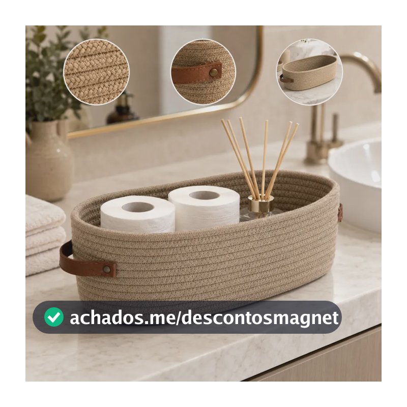 Cesto Organizador Multiuso Em Algodão Trançado Decorativo Premium Com Alças De Couro Para Brinquedos E Roupas
