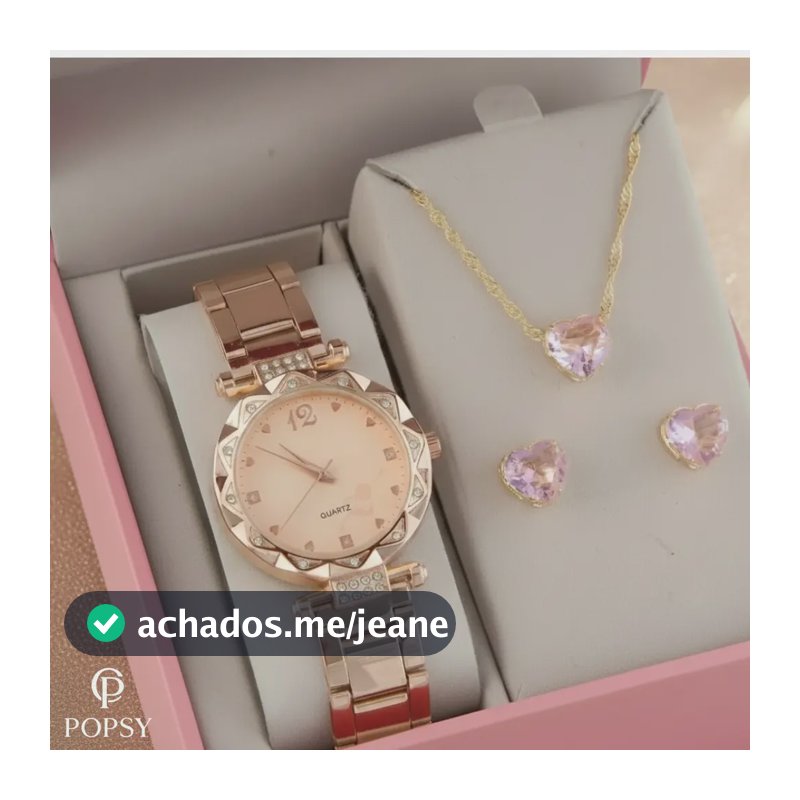 Relógio Feminino De Pulso + Kit Colar Pingente E Brincos Folheados 18k Alta Qualidade Premium Cor Rose Semi Joias Acessórios Feminino Marca Popsy