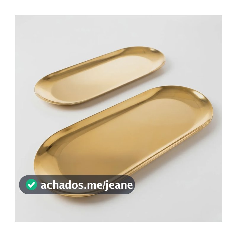 Kit Bandeja Metálica Dourada Decoração Oval Inoxidável Kit 2 Bandejas