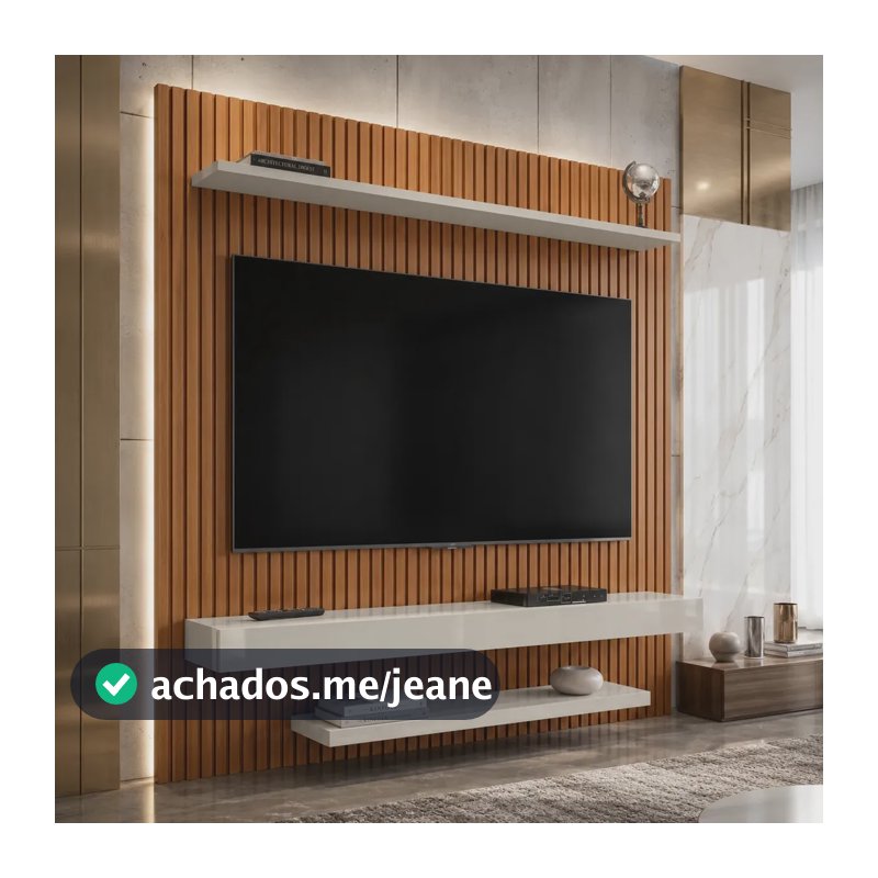 Painel Bancada Suspenso Para TV Até 60 Polegadas 2 Prateleiras 150cm Leme Cor Ripado/Off White