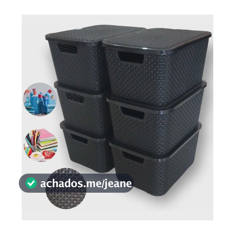 Kit Com 6 Caixas Organizadoras Rattan 7 Litros Com Tampa Preto Rattan