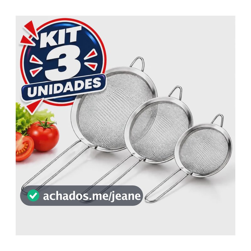 Jogo 3 Peneiras P M G Aço Inox Luxo Utensílios De Cozinha Restaurante Bar