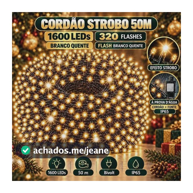 Cordão Strobo Natal 1600 Leds Pisca 50m Prova D'água Bivolt Branco Quente C/ Strobo Branco Quente Bivolt
