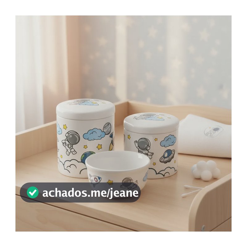 Kit Higiene Bebê Tema Astronauta 3 Peças Cotonete Algodão Branco