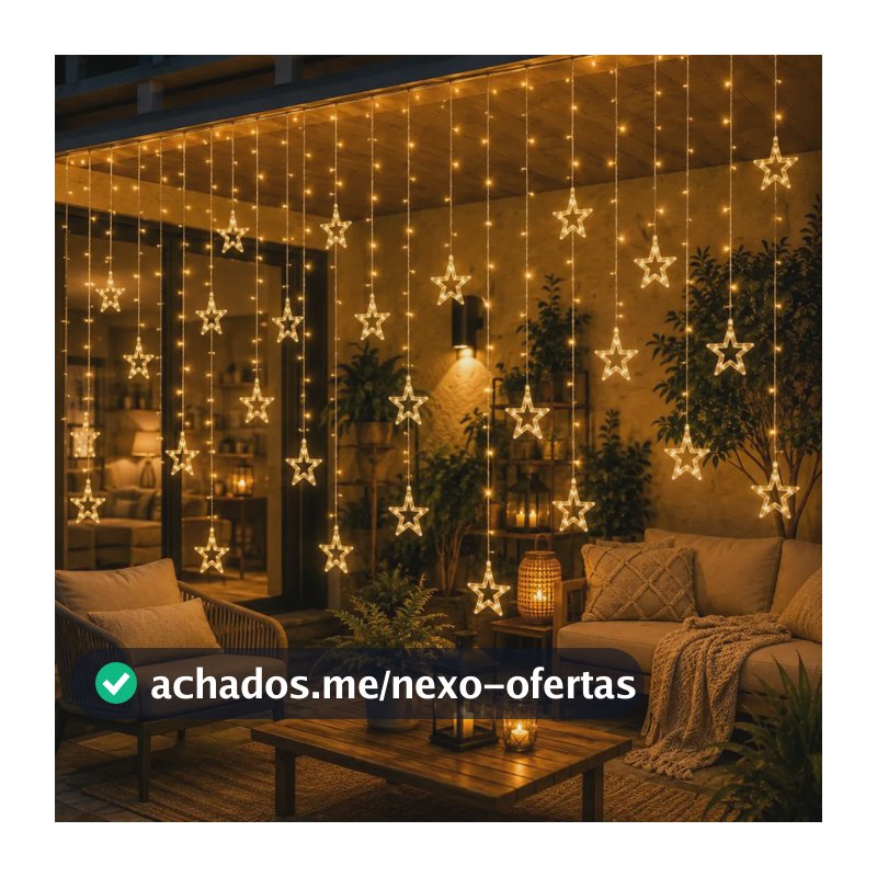 Cascata De Natal Estrelas Bivolt 110 Leds Com 8 Funções Branco Quente 127/220v