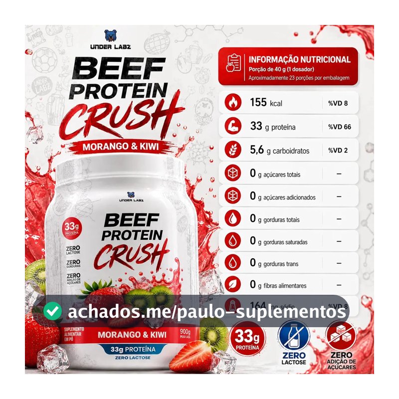 Proteína Under Labz Beef Crush em pó sabor Morango kiwi x 910g
