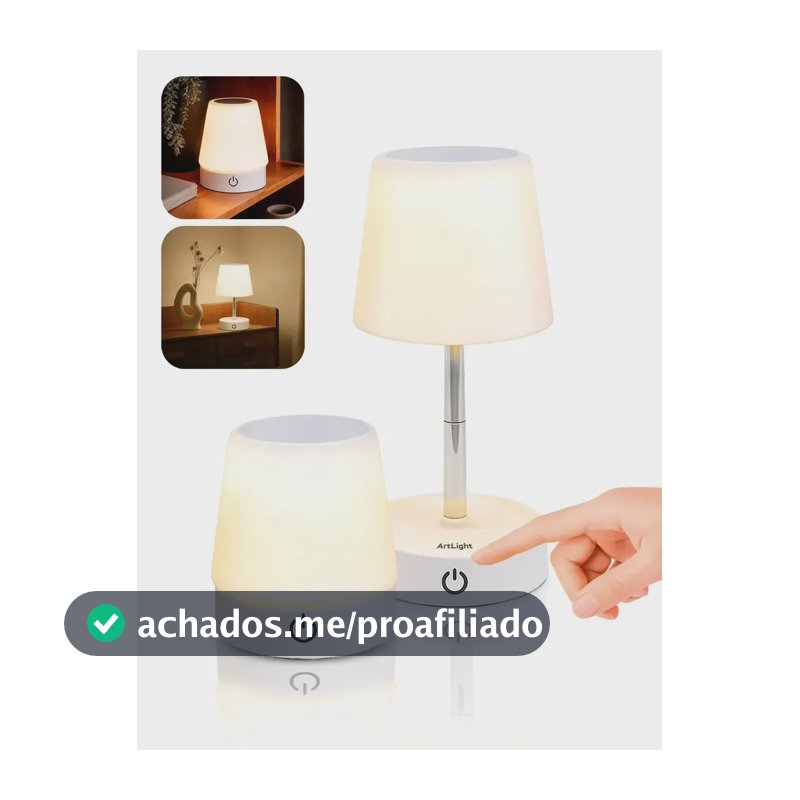 Abajur De Mesa Touch Luminária Led Recarregável Luz Aconchegante Para Quarto Sala Decoração Leitura Estudo Escritório Sem Fio Cúpula Altura Ajustável Lâmpada Amarela Cabeceira Moderna Bivolt Art Light