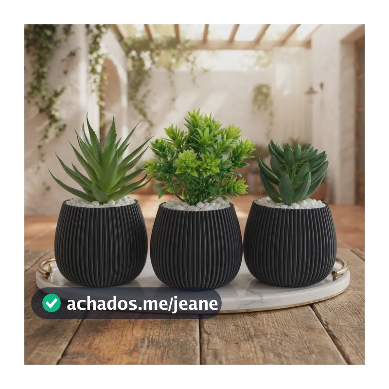 Kit 3 Vasos Oliva Com Suculentas Artificiais Realistas Preto