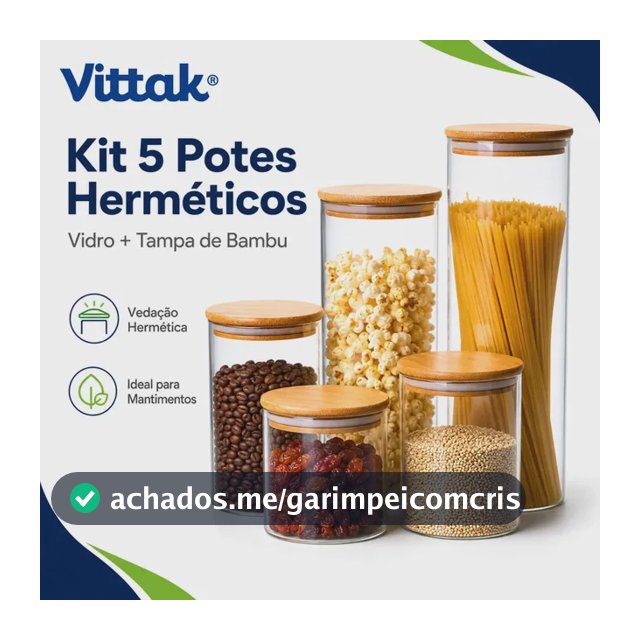 Vittak Kit 5 Potes De Vidro Herméticos Com Tampa De Bambu Organizador Para Mantimentos Grãos Café Massas E Cereais