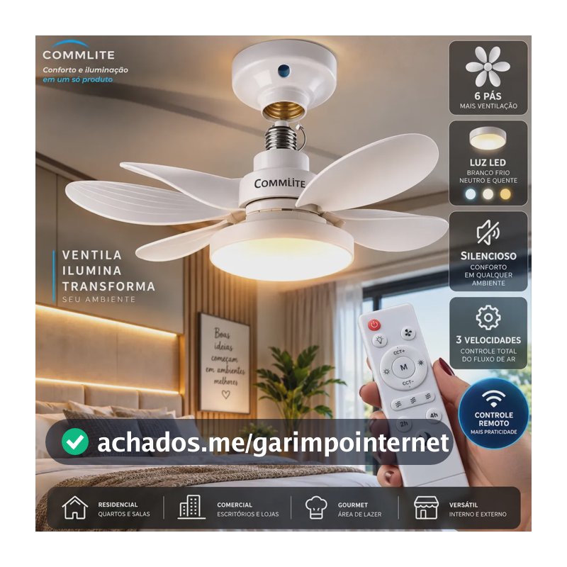 Ventilador de Teto 60W Silencioso Lâmpada Forte com LED, Controle e 6 Pás Soquete E27 Para Residencial Comercial Interno Externo Quarto Sala Cozinha Escritório Gourmet Apartamento Casa - Commlite