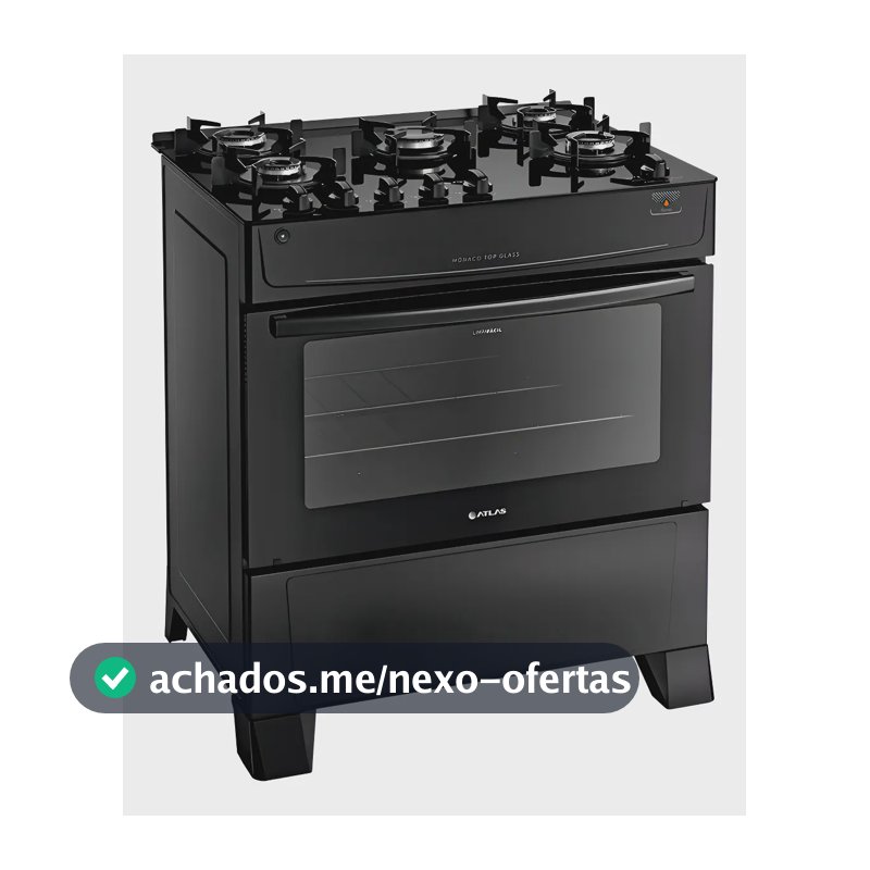Fogão Atlas 5 Bocas preto Mônaco Top Glass com Acendimento automático