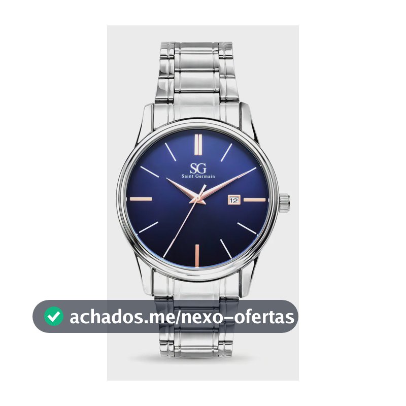Relógio Masculino Clássico Pulseira Prata Correia Prateada Bisel Prateado Fundo Azul Marinho Saint Germain 42mm Elegante Detalhes Bronze