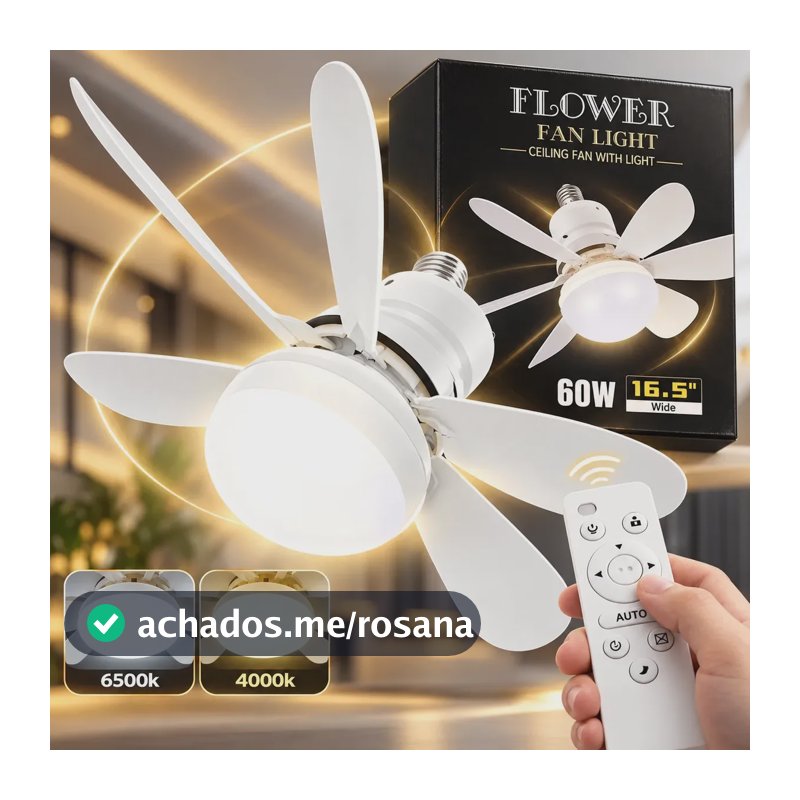 Lâmpada Ventilador De Teto Compacto E27 Bivolt Silencioso Portátil 6 Hélices Controle Remoto Para Bocal Flower Fan Ligth Multicontrol