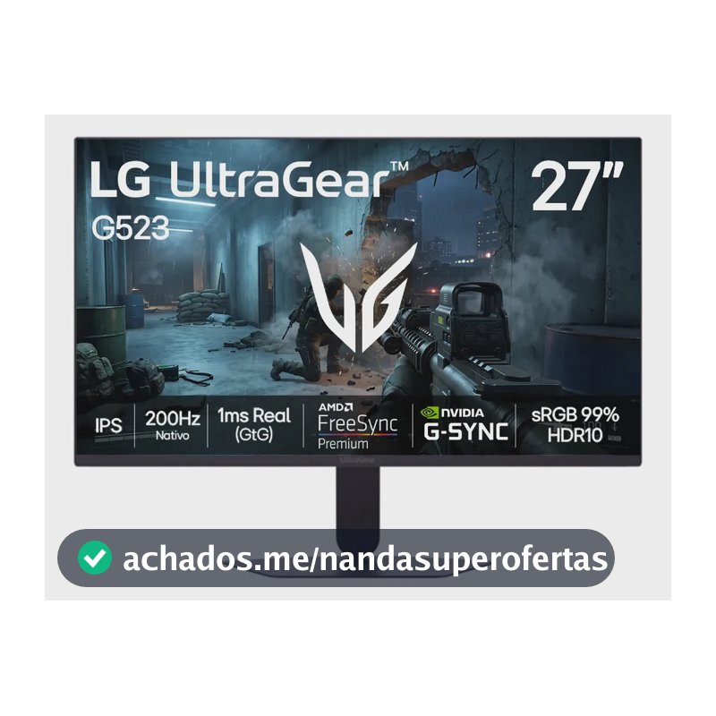 LG UltraGear Monitor Gamer 27" IPS 200Hz, 1ms (GtG), Full HD (1920x1080), HDR10, NVIDIA G-SYNC AMD, FreeSync Premium, sRGB 99%, Preto - 27G523B
