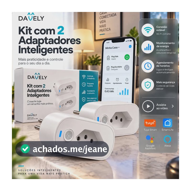 Kit 2 Tomadas Inteligente WiFi Adaptador 16A Bivolt Alexa Google Home Tuya Smart Life Monitor Consumo Energia Automação Residencial Smart Plug Controle Remoto App Voz