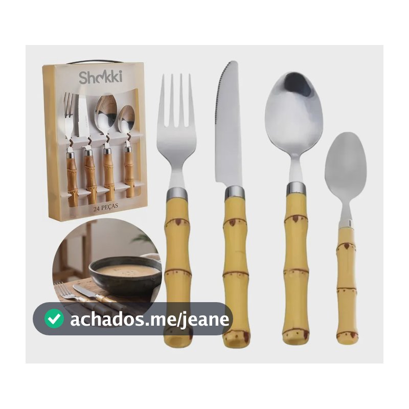 Faqueiro Jogo de Talheres 24 Peças Aço Inox com Cabo Estilo Bambu para 6 Pessoas Facas Garfos Colheres de Sopa e de Chá Kit Talheres Lava Louças Shokki