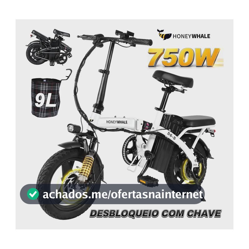HONEYWHALE S6-S Bicicleta Elétrica, 750W-40KM-35KM/H-125KG, Scooter-Ebike-Adulto-Velocidade-Autonomia-Carga-Fat-De-Dobrável, Sistema de Freios a Disco, Faróis Dianteiros, Cesto Traseiro Honey Whale