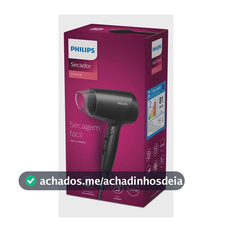 Philips Secador de Cabelo Essential 1200W Compacto com ThermoProtect Secagem prática e suave | Cabo dobrável para viagem | 3 ajustes de secagem | BHC010/81