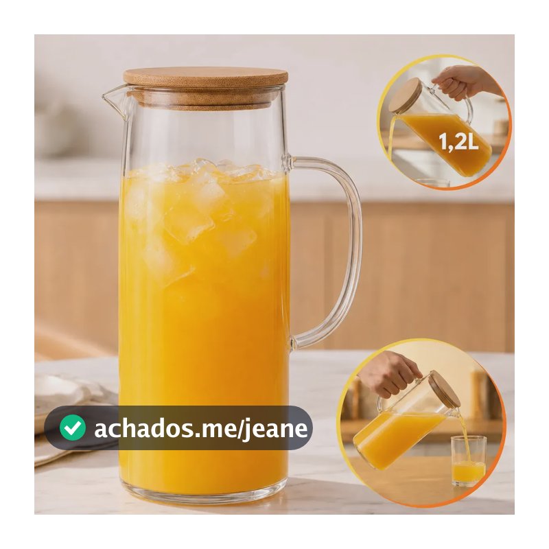 Jarra Vidro Borossilicato 1,2 Litros Tampa Bambu Hermética Agua Suco Transparente Sólar