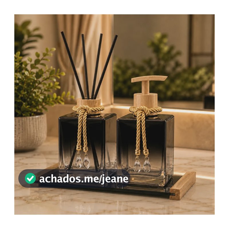 Kit Lavabo Sabonete Liquido + Difusor Cubo + Bandeja Luxo Preto Degrade C/ Amadeirado
